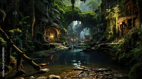 Underground city under lush jungle  connected by water channel. Ruins of an ancient civilization in tropics jungle