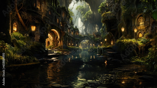 Underground city under lush jungle, connected by water channel. Ruins of an ancient civilization in tropics jungle © Mars0hod