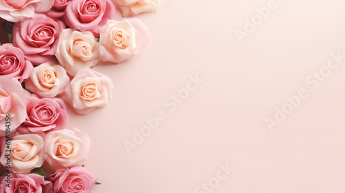 Pink roses frame on beige background  top view.