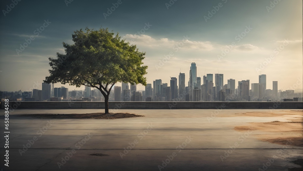  tree with city skyline background.  modern urbanization concept 