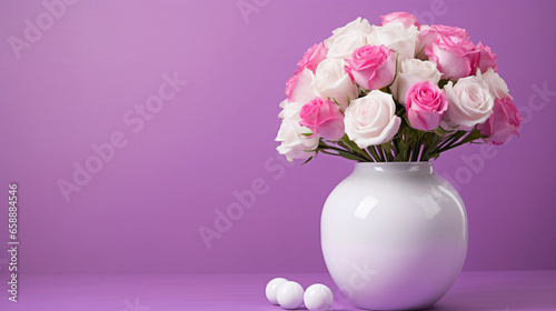 Pink roses in a white ceramic vase and round candies. © Tariq