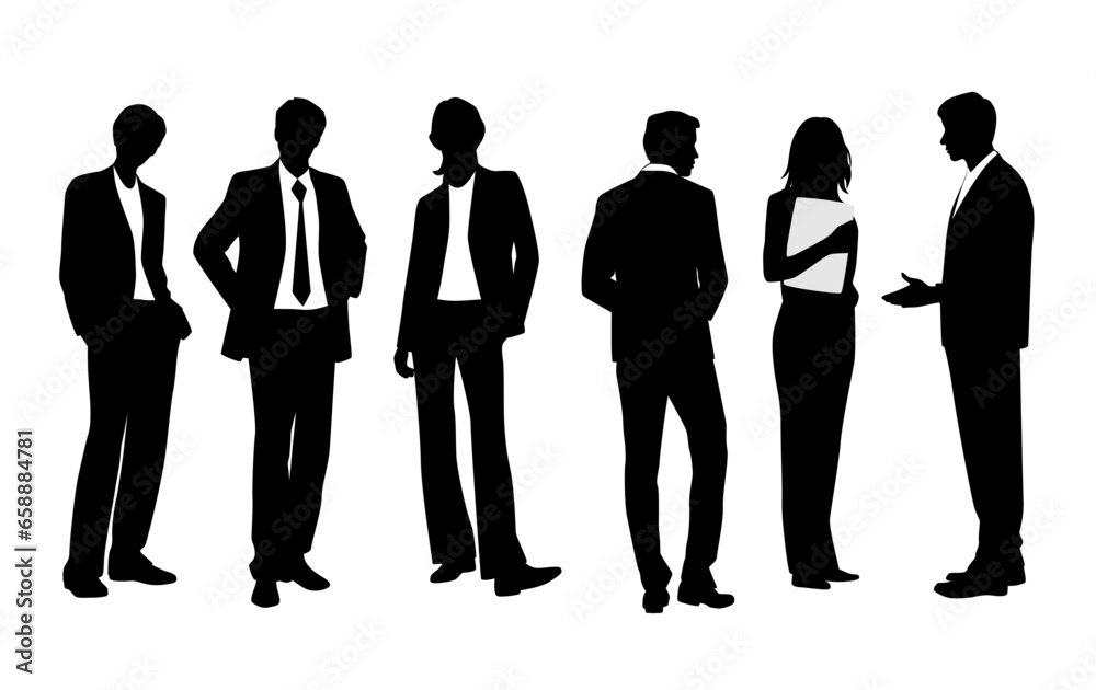 Vector silhouettes of men and a women, a group of standing business people, profile, black color isolated on white background Vector silhouettes of men and a women, a group of standing business people, profile, black color isolated on white background