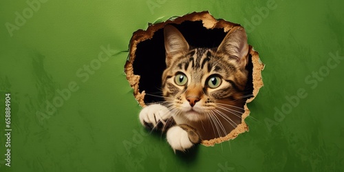 Cute Kitty peeking out of a hole in wall, torn hole, empty copy space frame, mockup. Generative AI image weber.