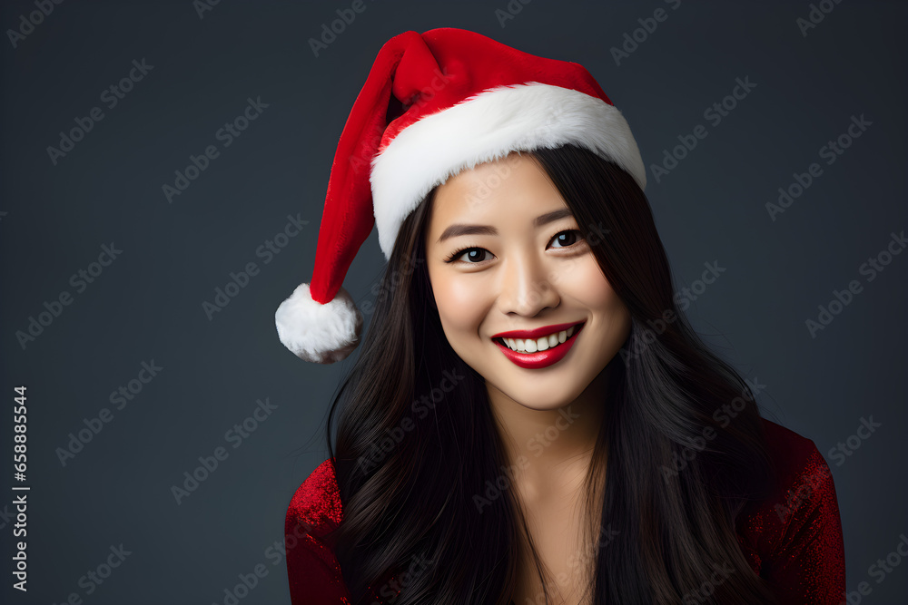 Happy Asian woman wearing Christmas hat isolated on grey background Happy Asian woman wearing Christmas hat isolated on grey background