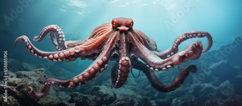 Close up of a stunning octopus with spread tentacles on a rocky underwater cliff With copyspace for text