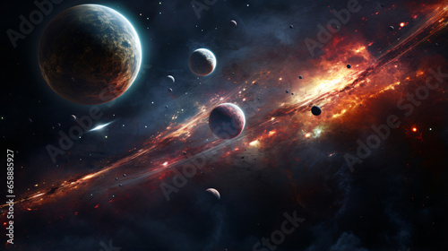 Planets over the nebulae in space.