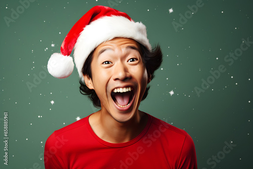 Happy Asian man wearing Christmas hat isolated on green colour background