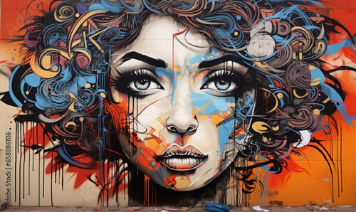 Street art masterpiece of a woman covering an expansive wall, providing an eye-catching graffiti background