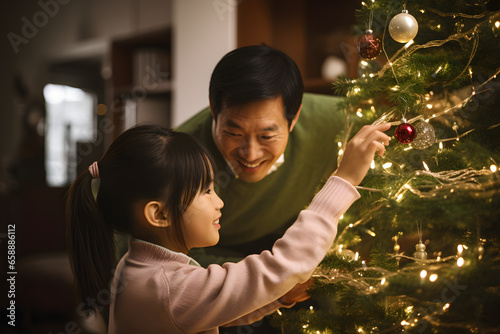 Asian father and daughter decorating Christmas tree