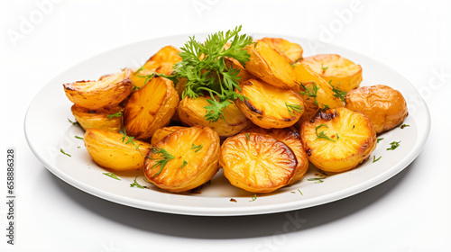 Plate of Roasted Potatoes Isolated on White.