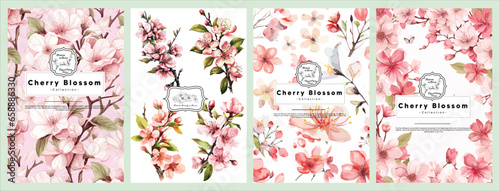 Set of Elegant Cherry Blossom, Realistic Vector Illustrations of Flowers, Leaves, and Plants for Backgrounds, Patterns, and Wedding Invitations.