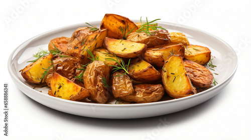 Plate of Roasted Potatoes Isolated on White.