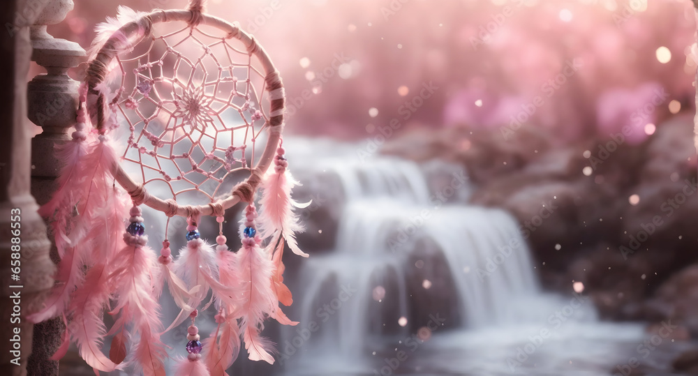 custom made wallpaper toronto digitalA pink dream catcher on bokeh waterfall background. Dream catcher in nature and Spiritual symbolism.