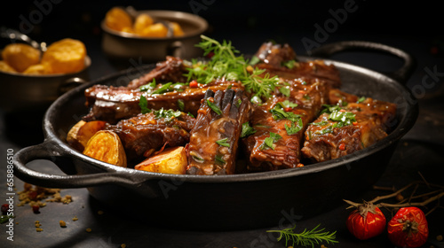 Pork ribs in a marinade with rustic fried potatoes.