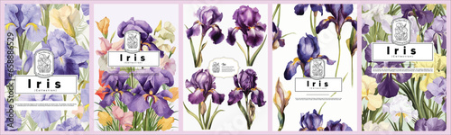 Set of Elegant Iris, Realistic Vector Illustrations of Flowers, Leaves, and Plants for Backgrounds, Patterns, and Wedding Invitations.