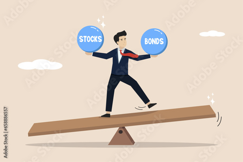 Stocks vs bonds in investment asset allocation, expected returns in long-term mutual funds, the concept of pension funds, the balance of business investors on stocks and bonds seesaw.