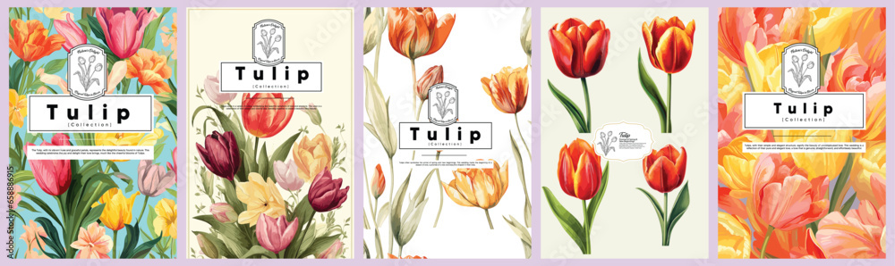 Set of Elegant Tulip, Realistic Vector Illustrations of Flowers, Leaves, and Plants for Backgrounds, Patterns, and Wedding Invitations.