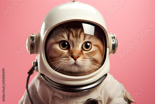 astronaut cat portrait isolated on pink background