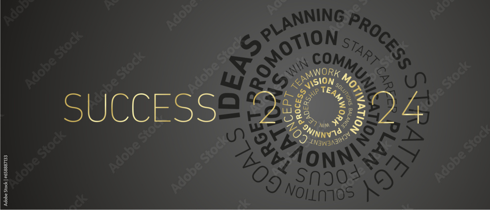 Success 2024 New Year abstract wheel golden circle word cloud text bold light typography black greeting card banner - obrazy, fototapety, plakaty 