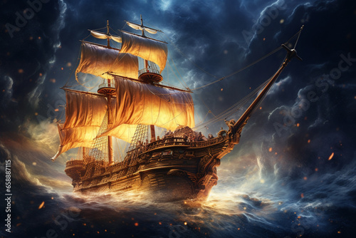 Epic Odyssey: Ship Sailing the Ocean of Clouds and Battling Fiery Tempests, Rendered with Realism, Fantasy Elements, and Dramatic Lighting