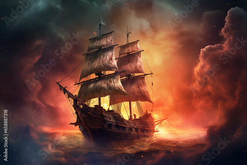 Epic Odyssey: Ship Sailing the Ocean of Clouds and Battling Fiery Tempests, Rendered with Realism, Fantasy Elements, and Dramatic Lighting