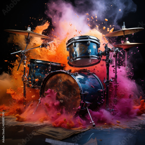 rock music instruments exploding with colourful Generative AI