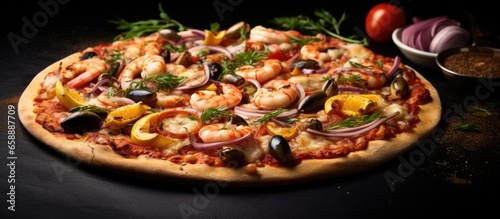Classic Italian seafood pizza with king prawns tuna and olives presented up close on a rustic black board With copyspace for text