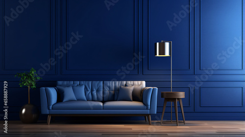 View of room space with deep blue sofa set. Blue wall.