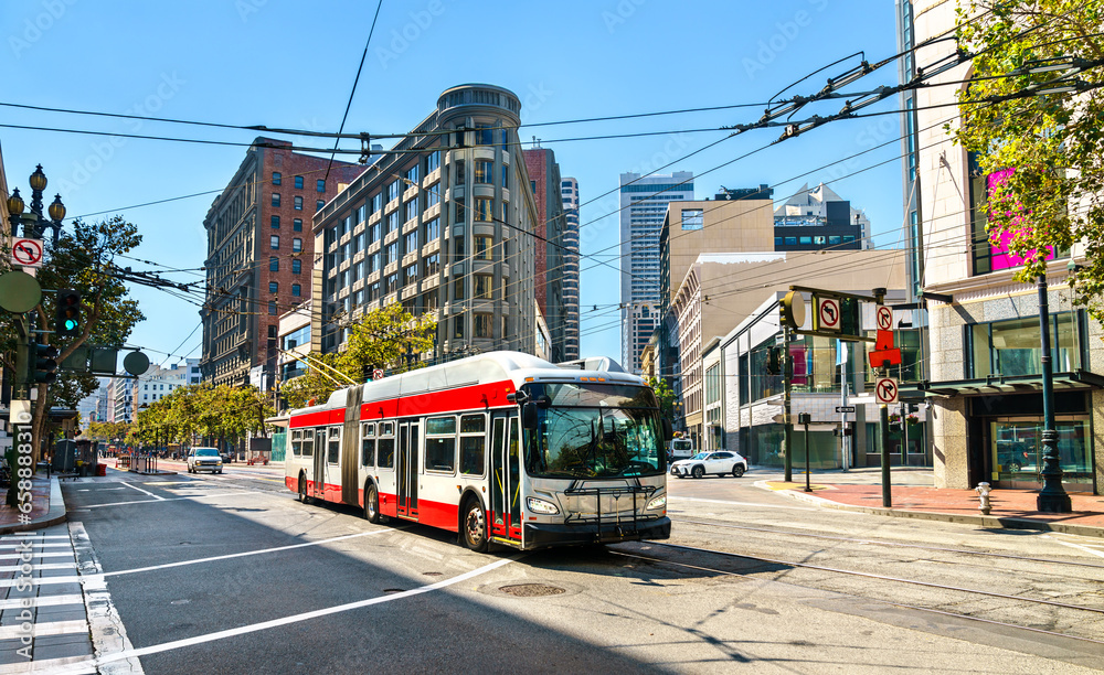 Electric trolleybus on Market Street in Downtown San Francisco - California, United States