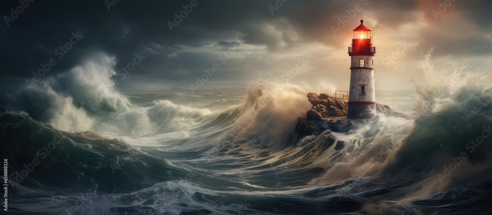 Stormy sea with tall lighthouse With copyspace for text