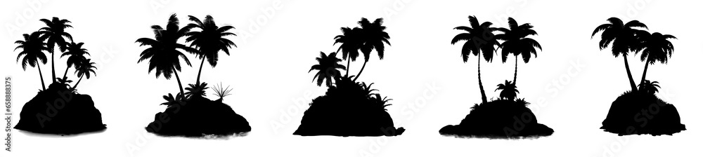 Set of silhouette tropical island with palm trees, isolated on white and transparent background, ai generate - obrazy, fototapety, plakaty 
