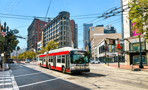 Electric trolleybus on Market Street in Downtown San Francisco - California, United States