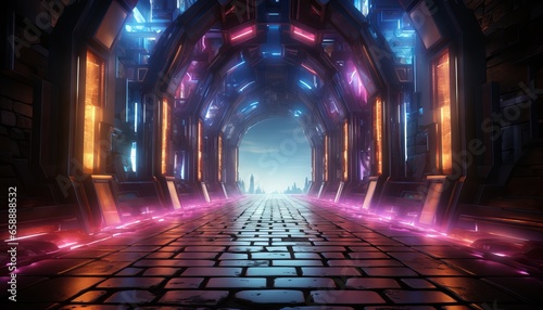 3D render of a hexagonal neon portal in a virtual reality environment with glowing lines in the pink blue yellow spectrum and vibrant colors © Nob