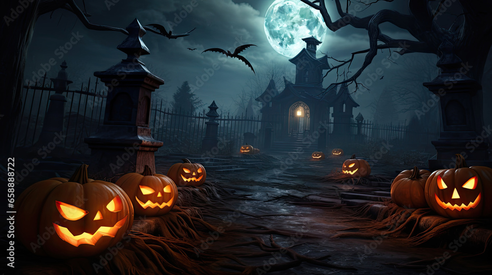 Fototapeta premium Halloween background. Pumpkins, skulls, bats and scary elements. The concept of Halloween, witchcraft and magic.