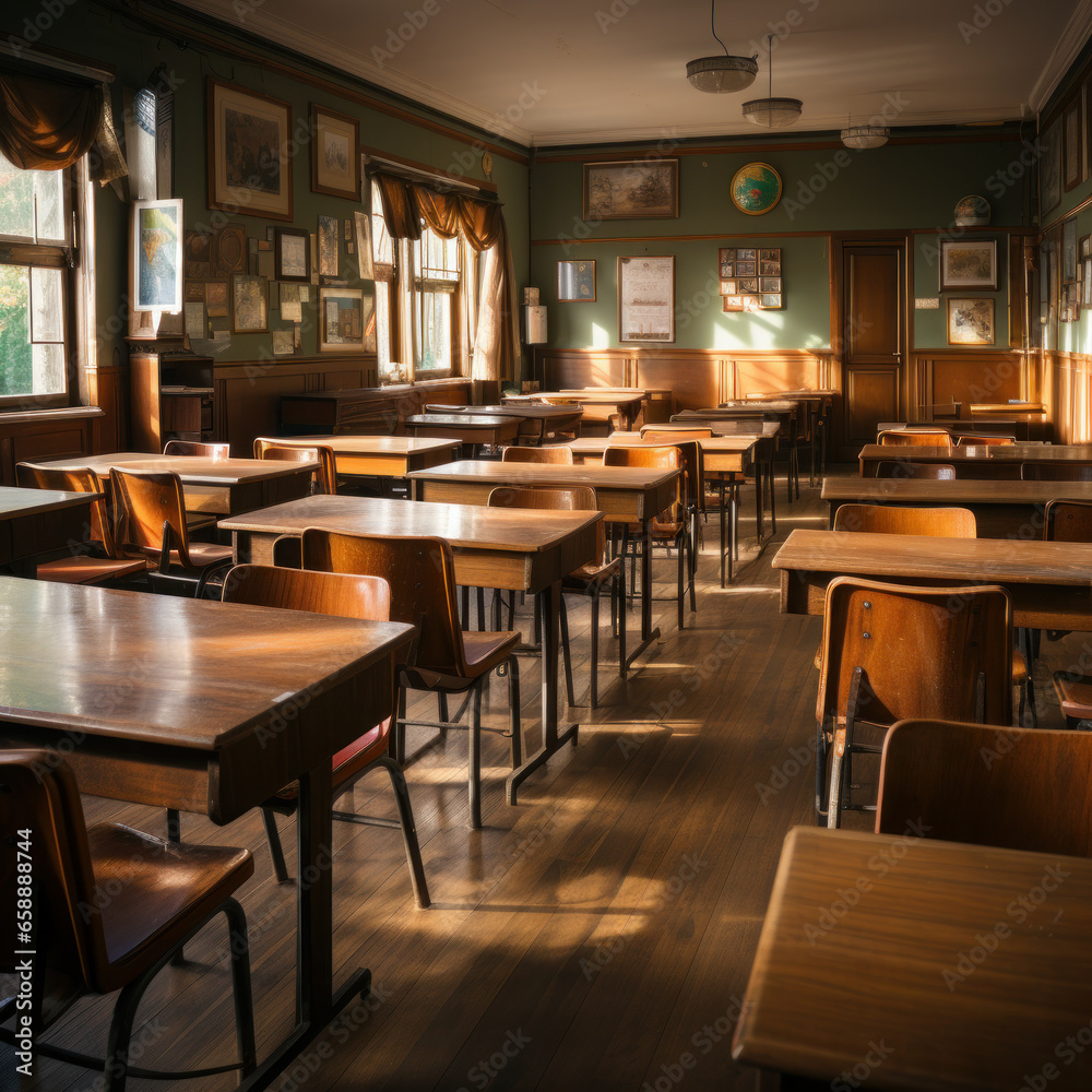  Empty Classroom. Back to school concept in high school. Classroom Interior Vintage Wooden Lecture Wooden Chairs and Desks. Studying lessons in secondary education,Ai generative.