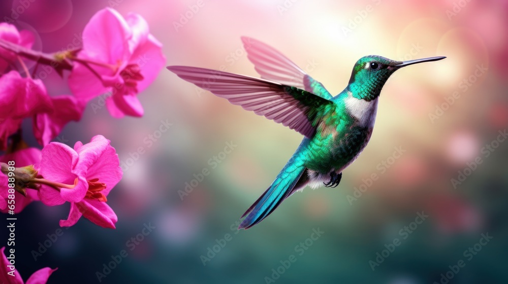 Fototapeta premium a hummingbird flying next to a pink flower