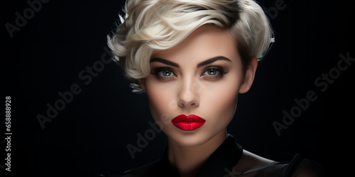 Portrait of blonde woman with short hair isolated on black background, Young woman portrait. Closeup beauty studio shoot. Healthy clean skin and perfect makeup on beautiful face model, Valentine day