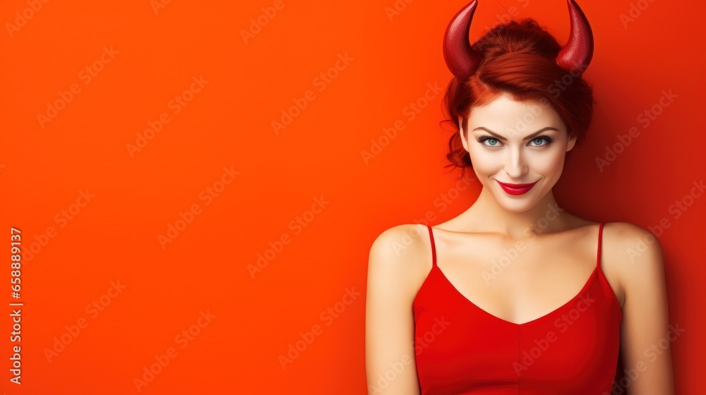 a woman wearing a red devil garment a woman wearing a red devil garment