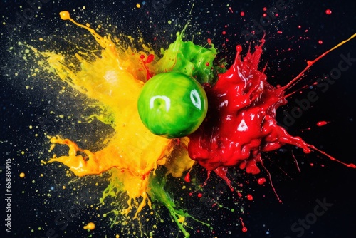 a green apple surrounded by red yellow and green paint