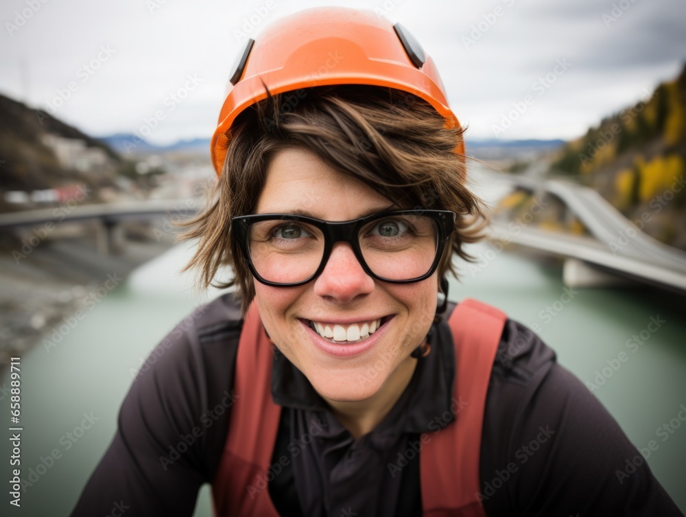 a woman wearing a hard hat and glasses a woman wearing a hard hat and glasses