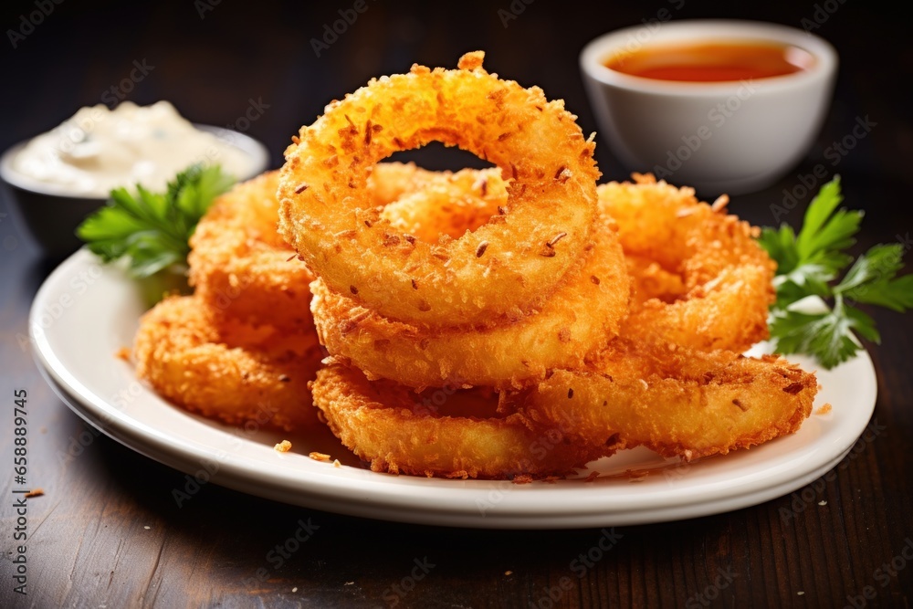 a plate of fried onion rings a plate of fried onion rings
