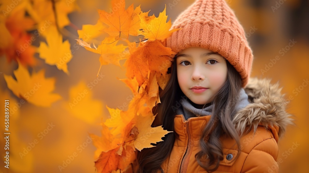 a girl in a hat and jacket with leaves a girl in a hat and jacket with leaves