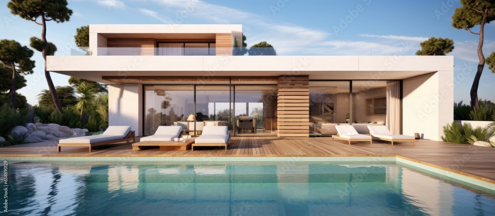 Fototapeta premium Contemporary villa with swimming pool and indoor deck With copyspace for text