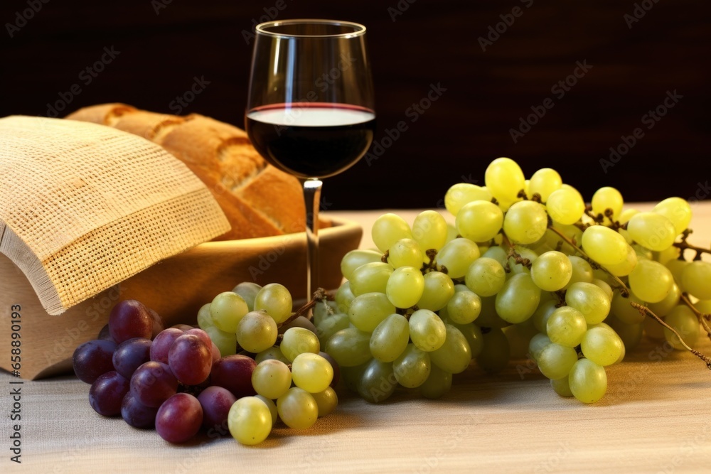 grapes and grapes next to a glass of wine