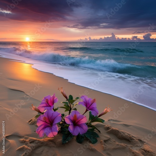 flowers on a beach with waves crashing on the shore