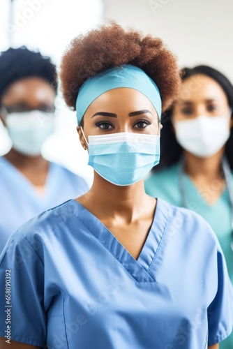 a group of women wearing scrubs and face masks