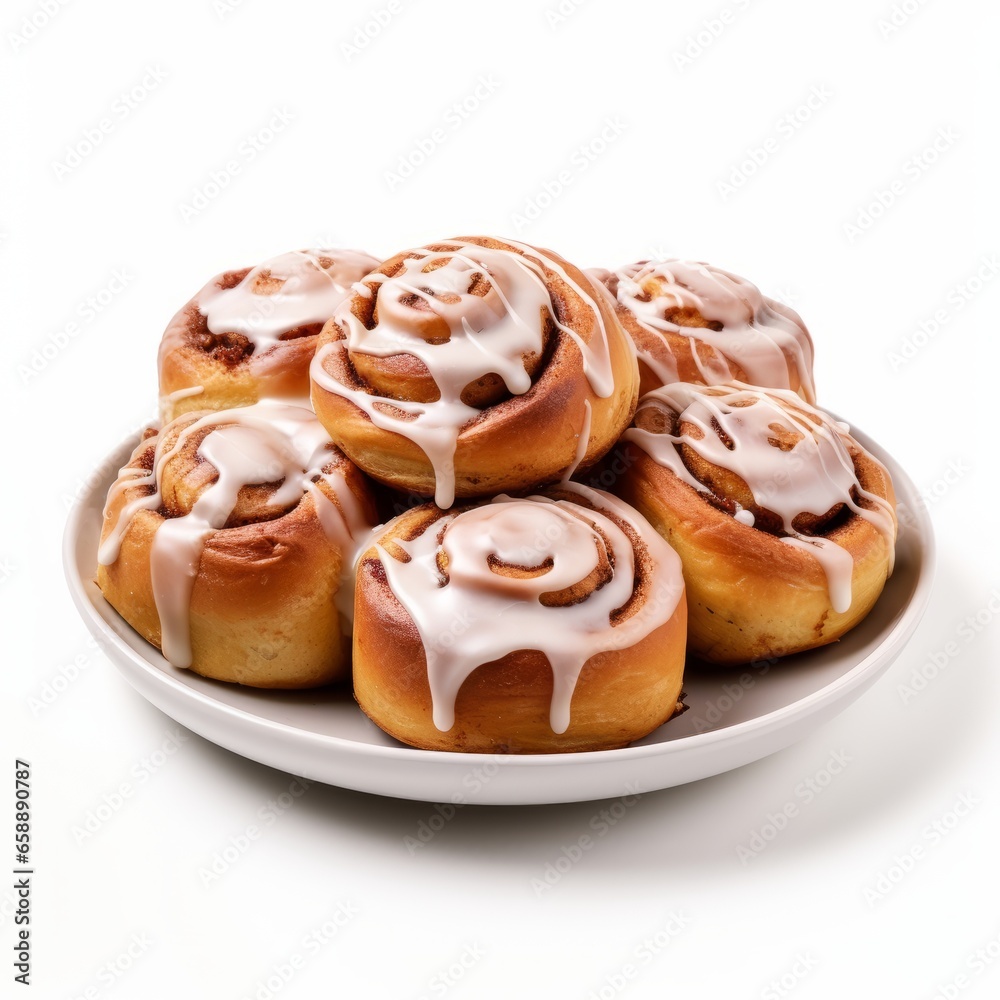 plate full of freshly iced cinnamon buns isolated on white generative ai