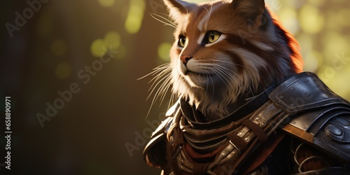 a cat in armor with a light shining on it