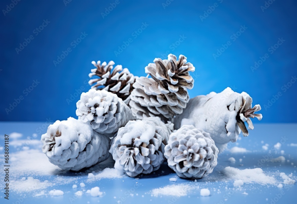 a group of pine cones covered in snow