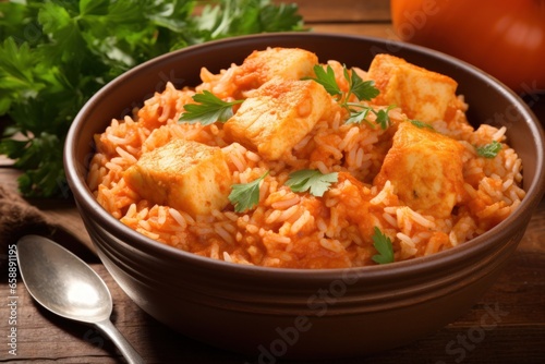 a bowl of rice with tofu and parsley